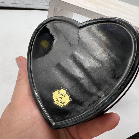 Trinket Box Vintage Yamanaka Heart Shaped Box Black Plastic Floral - Picture 7 of 12